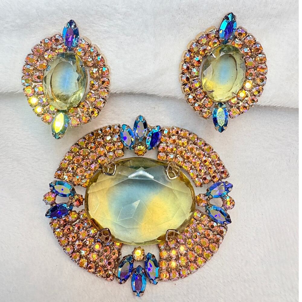 Vintage Brooch & Earring Set: Lemon/blue-green Glass, Multi-color Sparkle
